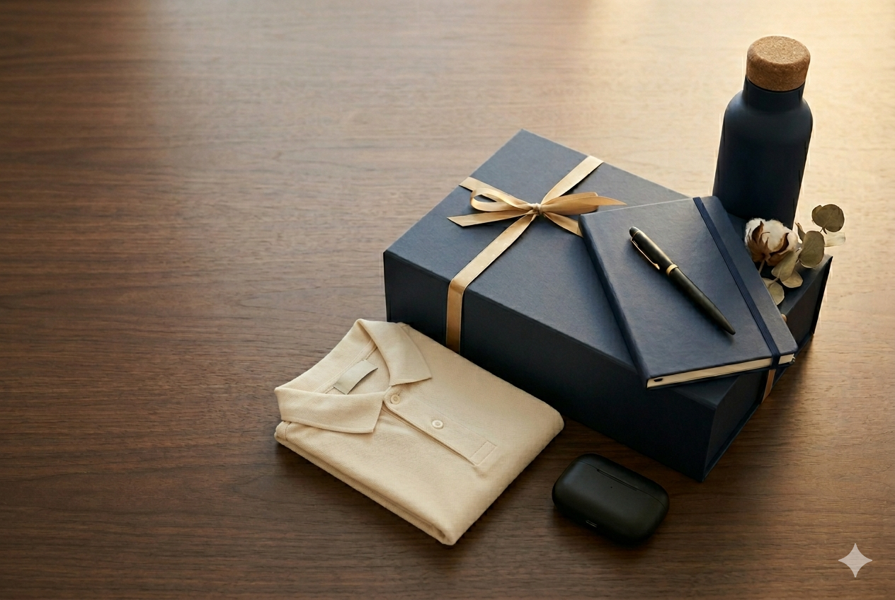 Curated corporate gift set with navy gift box, brass-clipped pen, navy notebook, cork-lid water bottle, and folded linen
